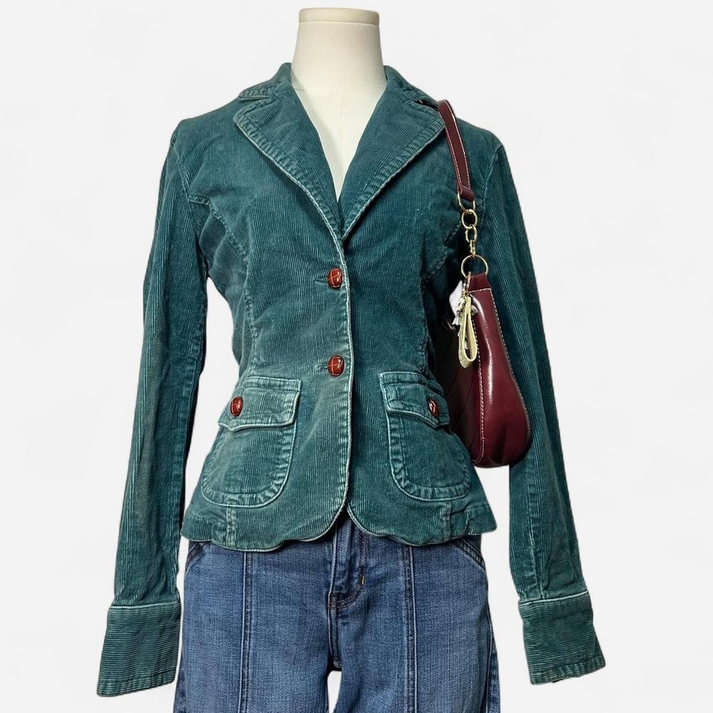 Y2K Delia*s Teal Green Cotton Corduroy Blazer Jacket Button Up Fitted Womens M